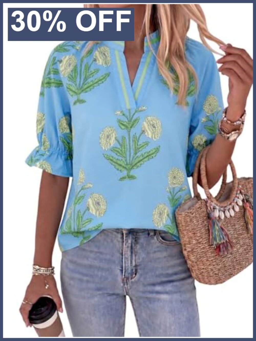 Womens Floral Blouse Puff Sleeve V Neck Boho Top Summer Casual